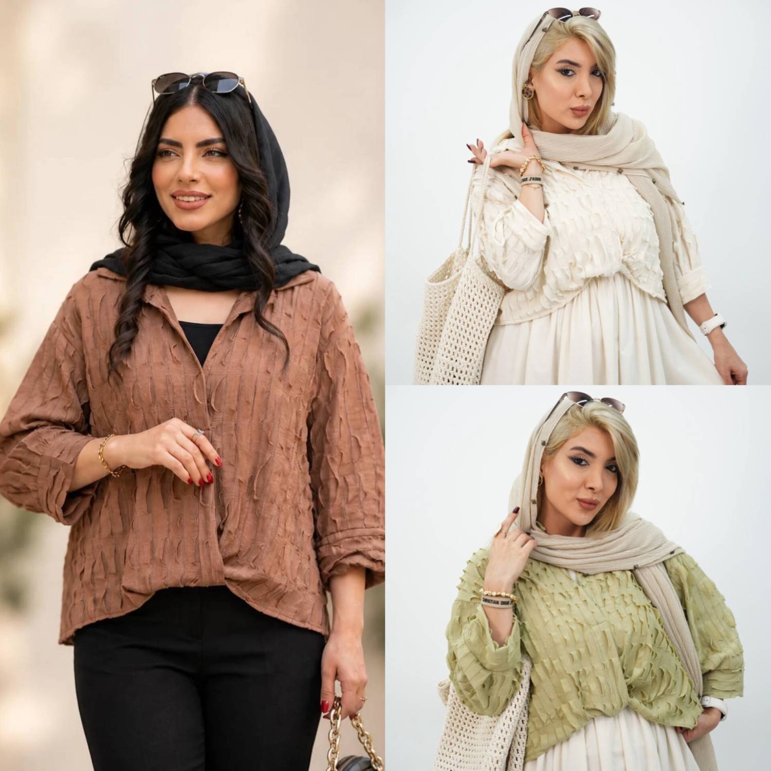 شومیز ارکیده جنس : لونا مراکشی سبز, کرم, نسکافه, آجری فری سایز زنانه