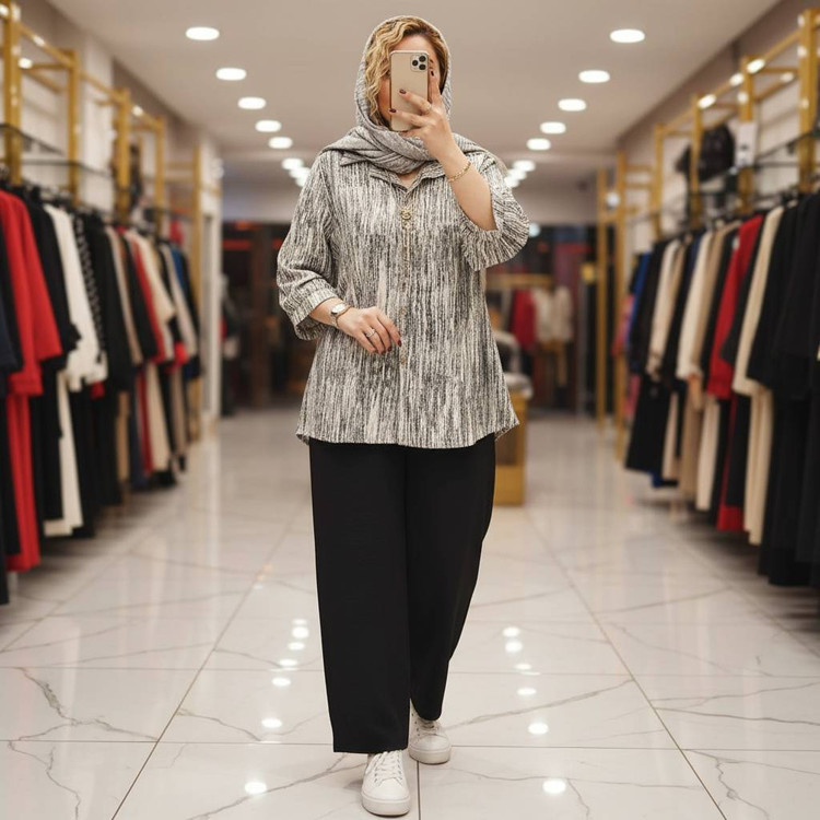 ست شومیز شلوار پرینتی جنس : شانتون کرم, قهوه ای, سرمه ای, نسکافه ای, نخودی فری سایز زنانه