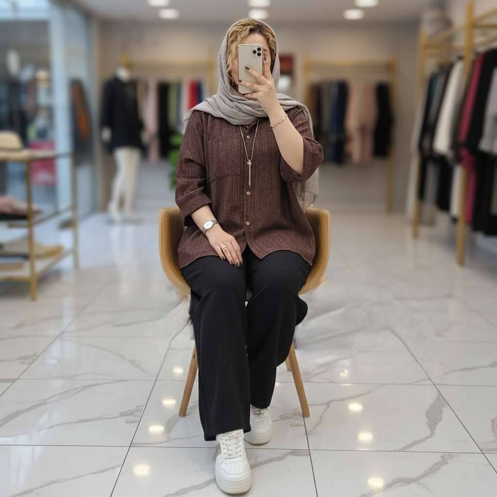 ست شومیز شلوار پرینتی جنس : شانتون کرم, قهوه ای, سرمه ای, نسکافه ای, نخودی فری سایز زنانه