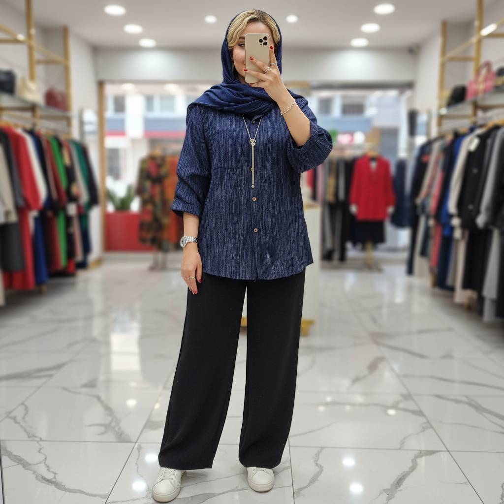 ست شومیز شلوار پرینتی جنس : شانتون کرم, قهوه ای, سرمه ای, نسکافه ای, نخودی فری سایز زنانه