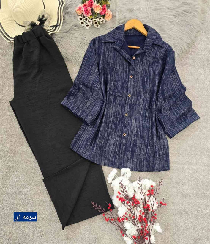 ست شومیز شلوار پرینتی جنس : شانتون کرم, قهوه ای, سرمه ای, نسکافه ای, نخودی فری سایز زنانه