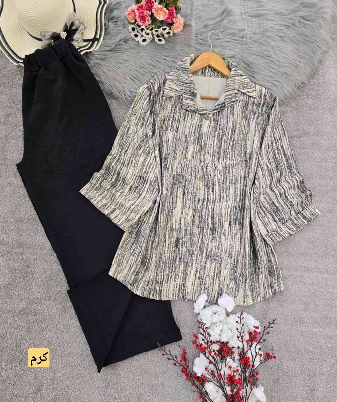 ست شومیز شلوار پرینتی جنس : شانتون کرم, قهوه ای, سرمه ای, نسکافه ای, نخودی فری سایز زنانه
