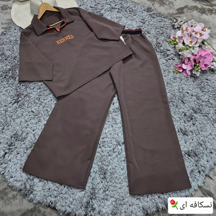 ست تیشرت شلوار لاکچری هرمس جنس : مازراتی درجه یک مشکی - قهوه ای - نسکافه ای - سرمه ای - فری سایز زنانه