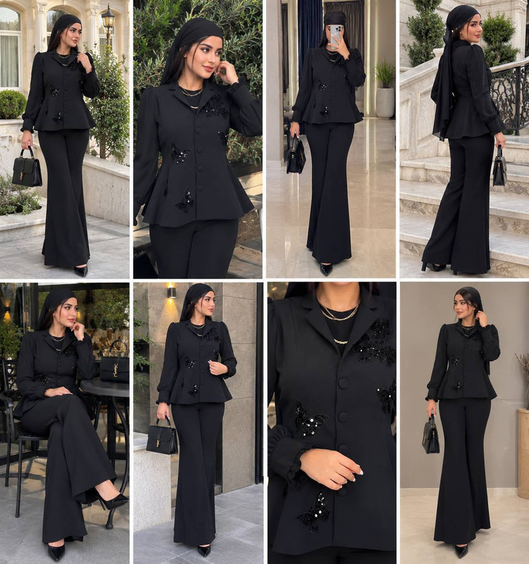 کت و شلوار جواهردوزی مدل شیما جنس مازراتی درجه ۱ لای کوبی شده گرم بالا و استین حریر ضخیم تکرنگ مشکی سایزبندی زنانه